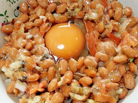 納豆の食べ方-生玉子＆漬物混ぜご飯♪